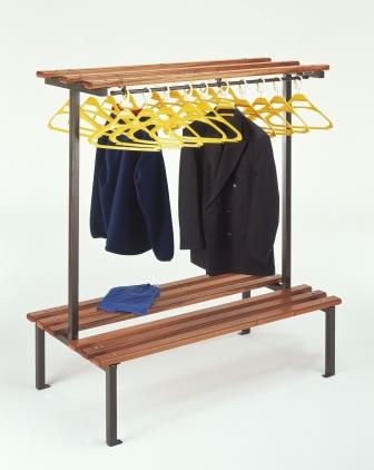 Double sided cloakroom bench with hanger rails and hangers