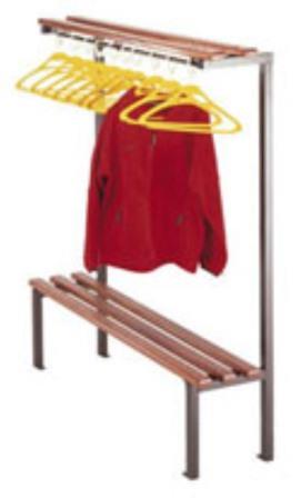 Single sided cloakroom bench with hanger rails and hangers