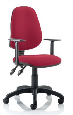 Elan Plus operator chair with 2-lever mechanism and economy thin pad height adjustable arms. Wine fabric