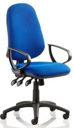 Elan XL Plus operator chair with 3-lever mechanism and fixed loop arms. Blue fabric