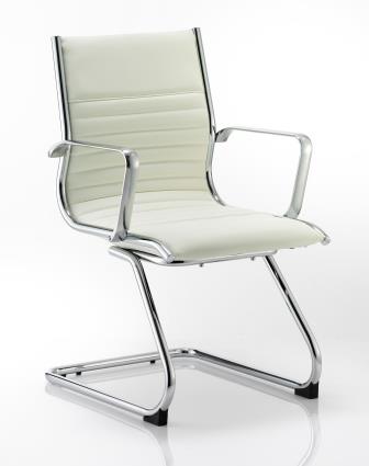 Ray cantilever frame white bonded leather chair with integrated chrome arms