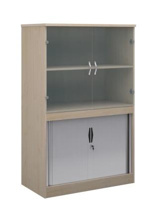 Entry level combination 2-door tambour unit and shelves with glass fronts